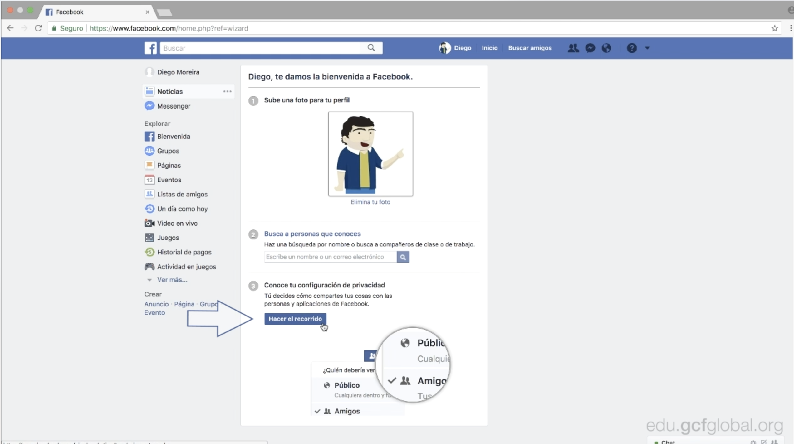 Selecciona la opción Hacer el recorrido para familiarizarte con Facebook.